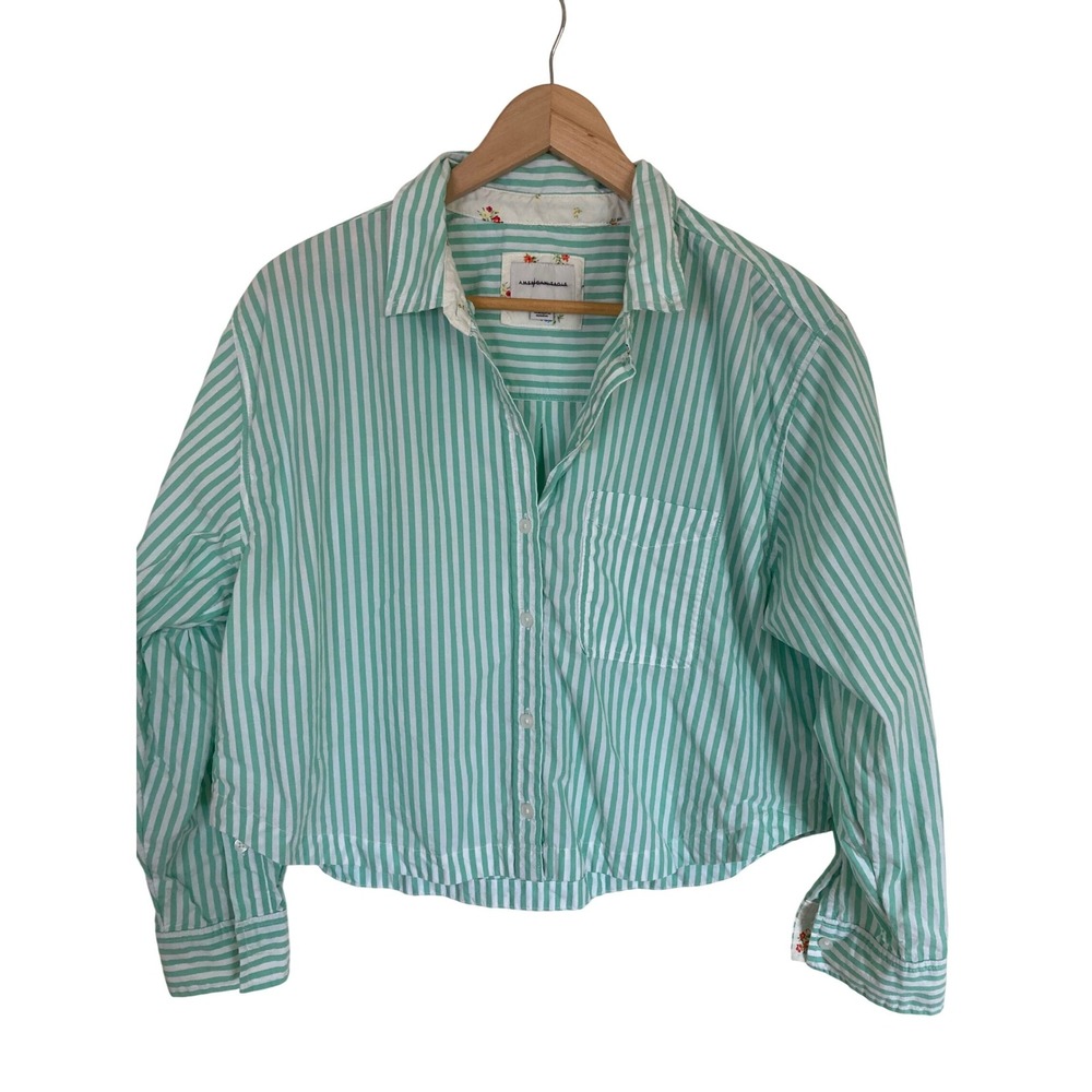 American Eagle Mint Green White Striped Cropped Button Down Shirt Floral Trim M